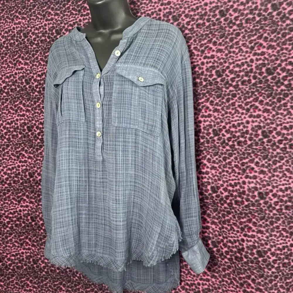 Free People Talk To Me Plaid Gauze Popover Frayed Hem Boho Tunic Top Size XS